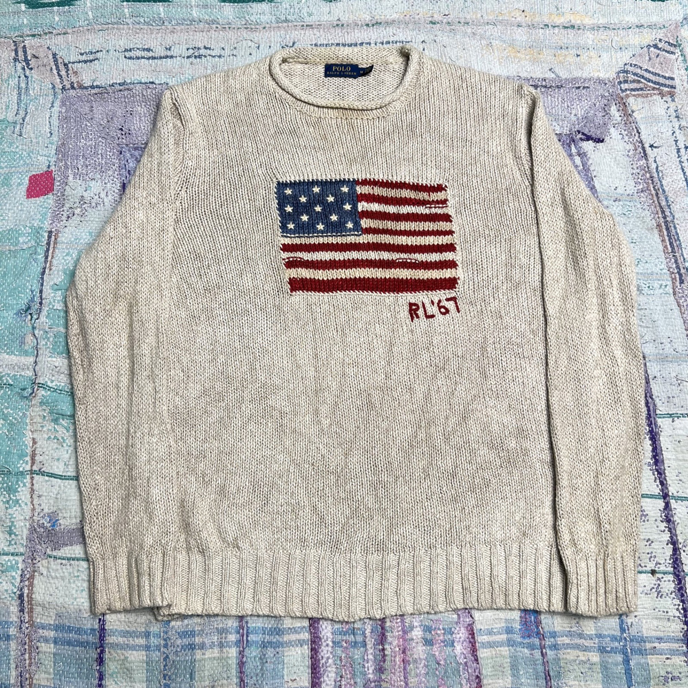 Vintage Polo Ralph Lauren Iconic American Flag Sweater RL'67 Knit Beige Mens M